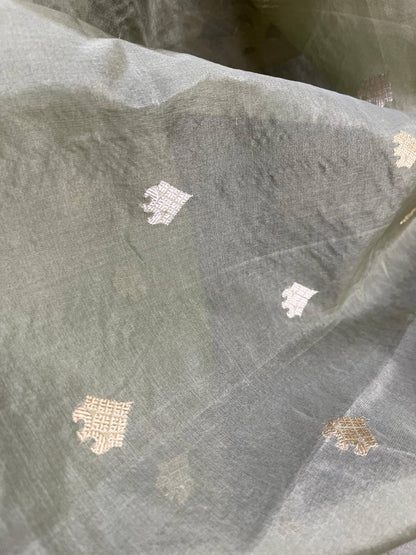 LIGHT OLIVE GREEN PURE HANDLOOM KORA BANARASI SAREE