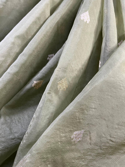LIGHT OLIVE GREEN PURE HANDLOOM KORA BANARASI SAREE