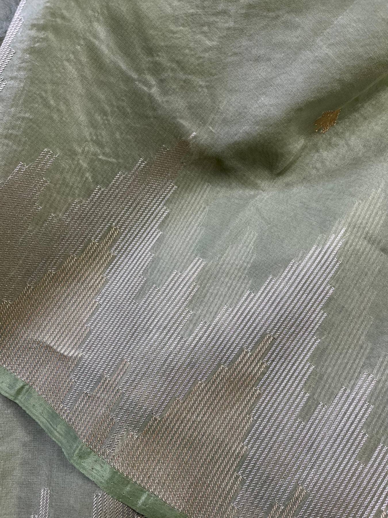 LIGHT OLIVE GREEN PURE HANDLOOM KORA BANARASI SAREE