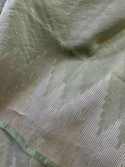 LIGHT OLIVE GREEN PURE HANDLOOM KORA BANARASI SAREE
