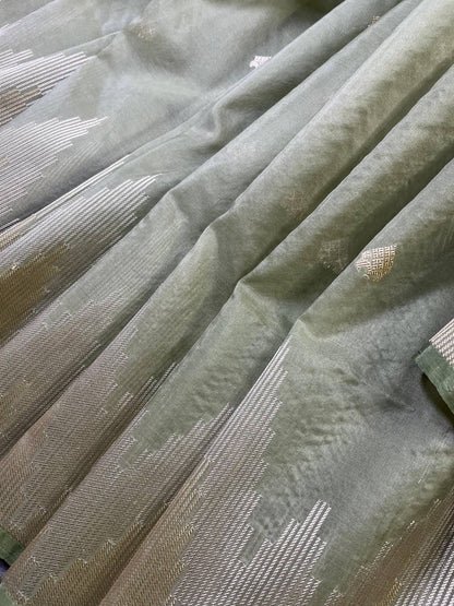 LIGHT OLIVE GREEN PURE HANDLOOM KORA BANARASI SAREE