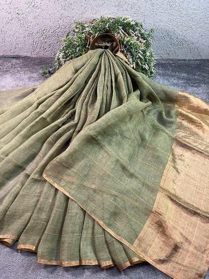 GREEN PURE HANDLOOM LINEN SAREE