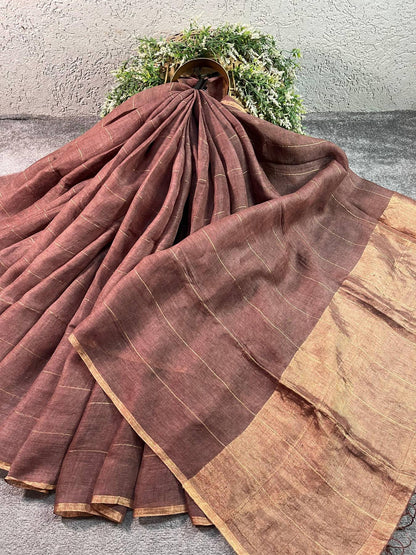 BROWN PURE HANDLOOM LINEN SAREE