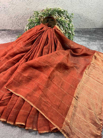 RUST PURE HANDLOOM LINEN SAREE
