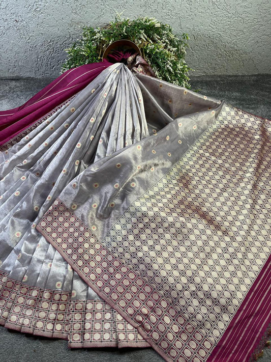 LIGHT MAUVE KORA TISSUE PURE HANDLOOM BANARASI SAREE