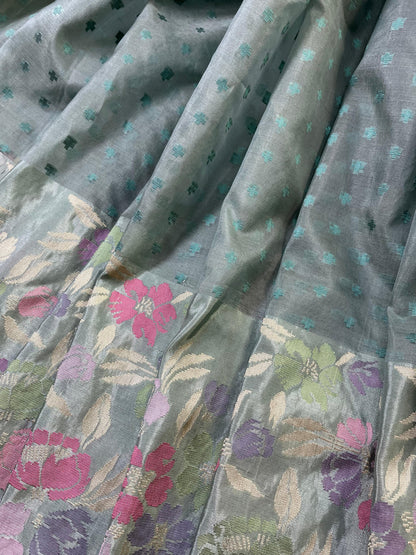 BLUISH GREY KORA PURE HANDLOOM BANARASI SAREE