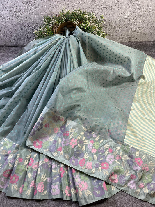 BLUISH GREY KORA PURE HANDLOOM BANARASI SAREE