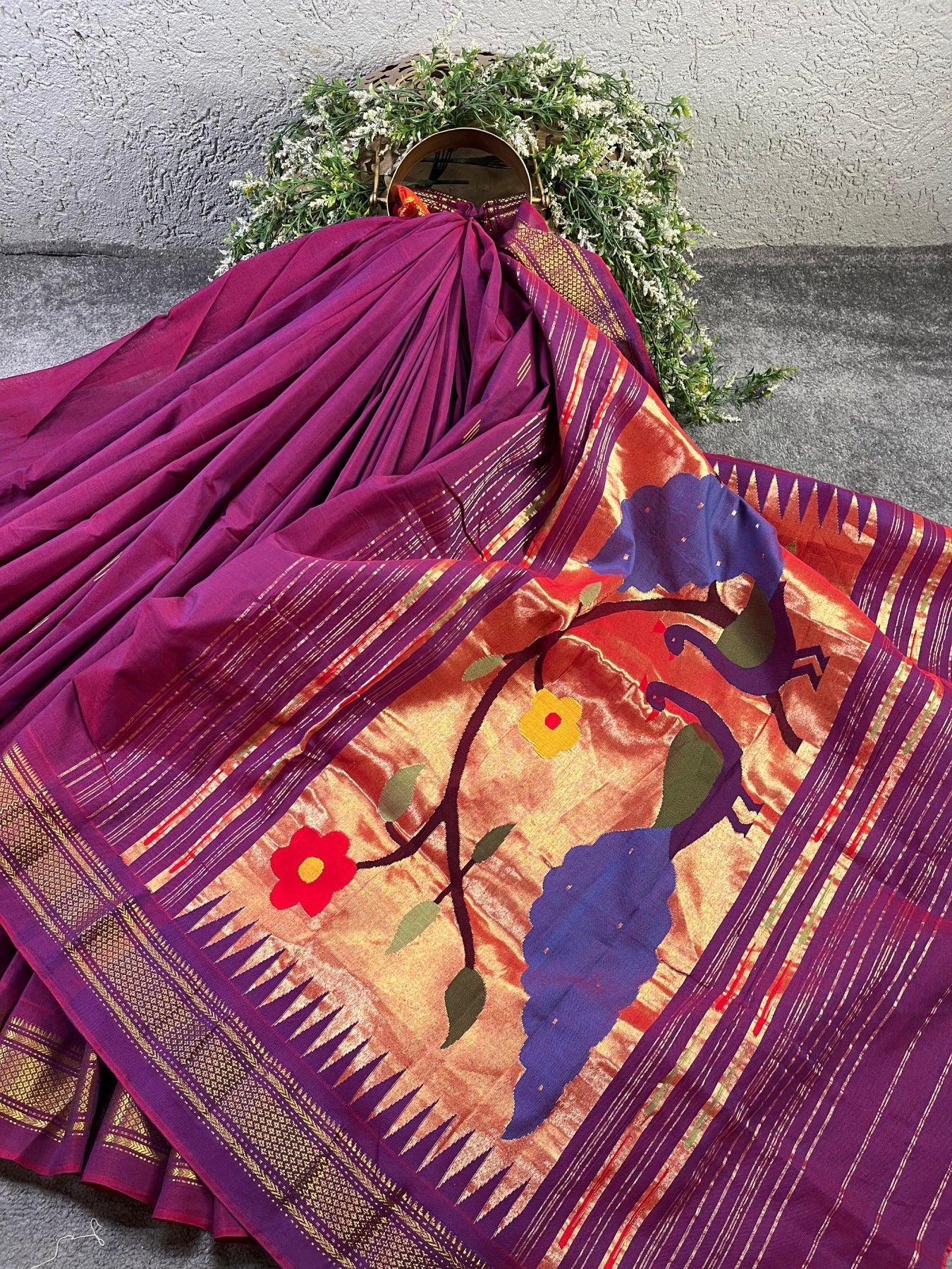 TWO TONE MAGENTA COTTON PURE HANDLOOM PAITHANI SAREE