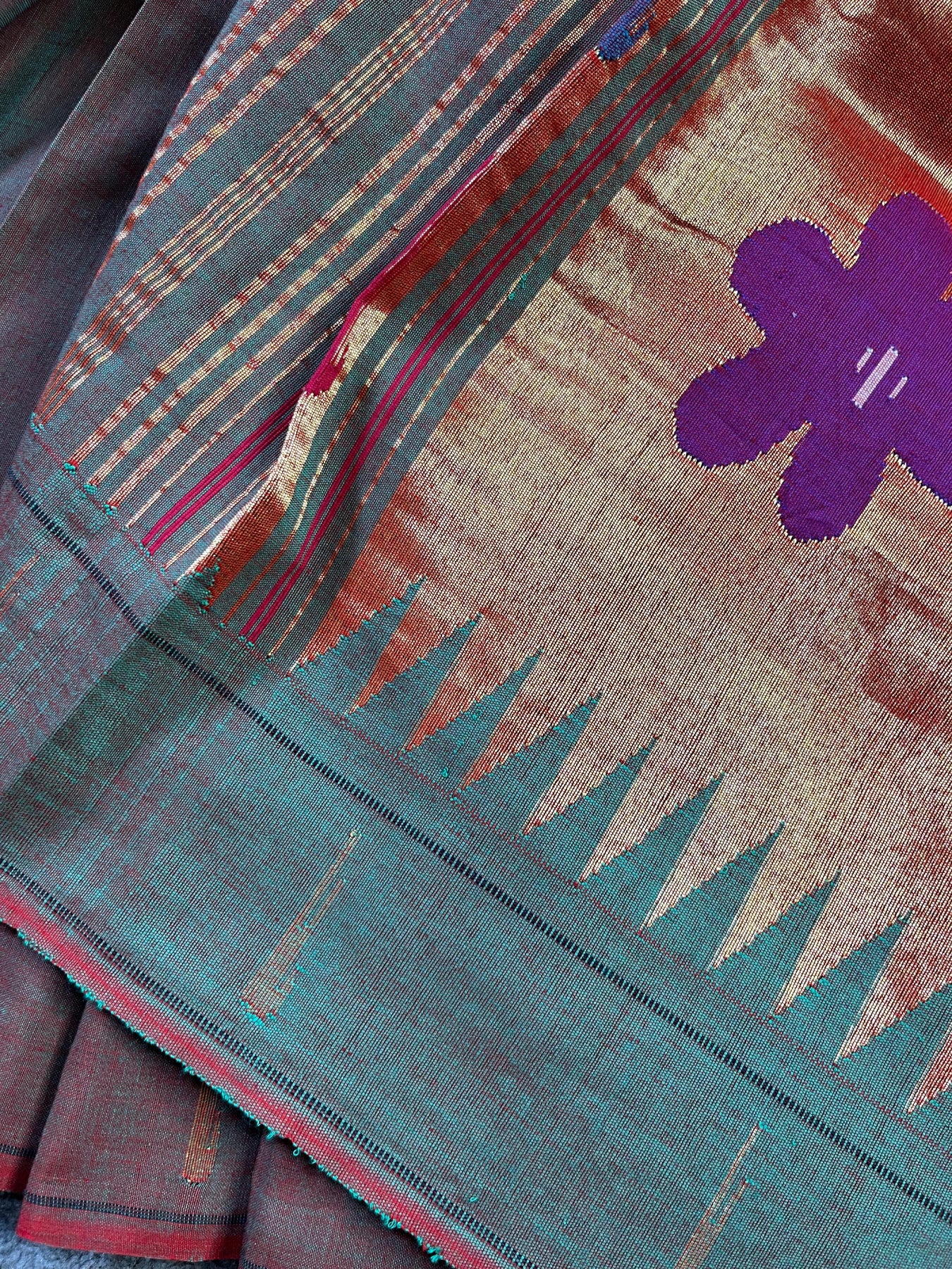 TWO TONE MAUVE GREEN COTTON PURE HANDLOOM PAITHANI SAREE