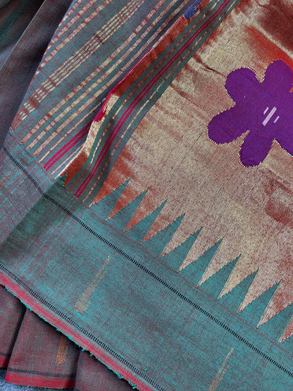 TWO TONE MAUVE GREEN COTTON PURE HANDLOOM PAITHANI SAREE
