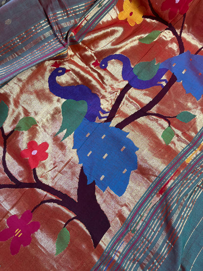 TWO TONE MAUVE GREEN COTTON PURE HANDLOOM PAITHANI SAREE