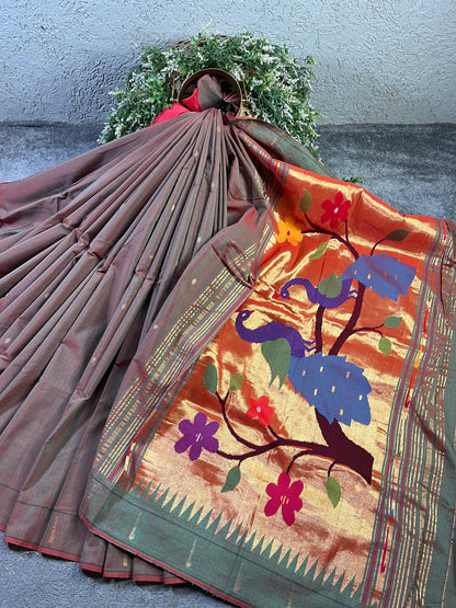 TWO TONE MAUVE GREEN COTTON PURE HANDLOOM PAITHANI SAREE