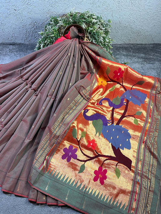 TWO TONE MAUVE GREEN COTTON PURE HANDLOOM PAITHANI SAREE