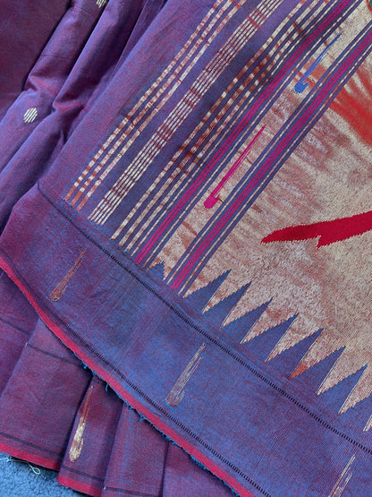TWO TONE WINE COTTON PURE HANDLOOM PAITHANI SAREE
