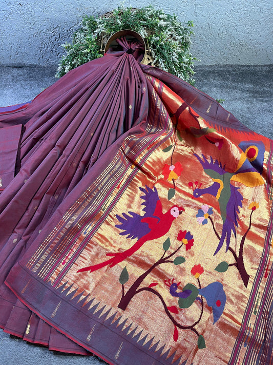 TWO TONE WINE COTTON PURE HANDLOOM PAITHANI SAREE