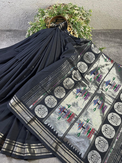BLACK COTTON PURE HANDLOOM PAITHANI SAREE
