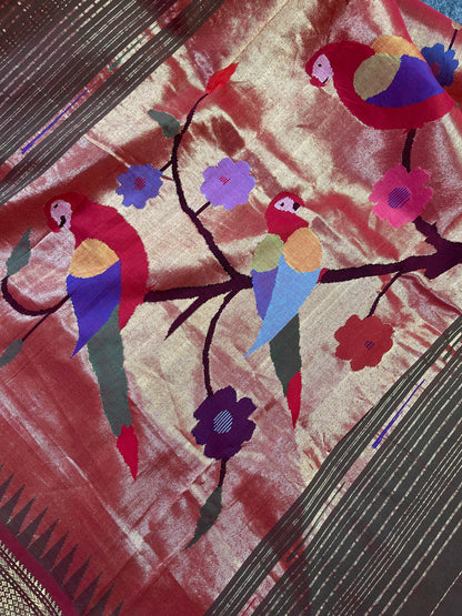 TWO TONE GREEN BROWN COTTON PURE HANDLOOM PAITHANI