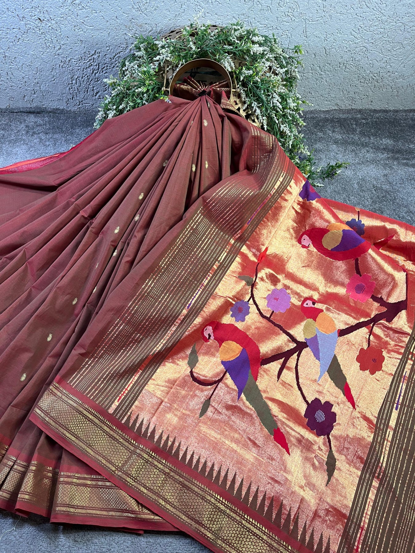 TWO TONE GREEN BROWN COTTON PURE HANDLOOM PAITHANI