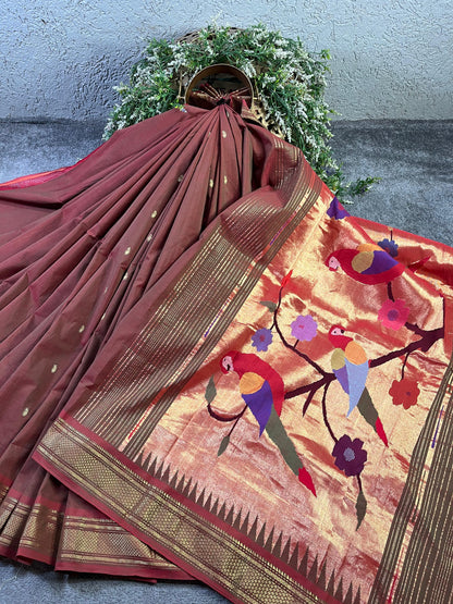 TWO TONE GREEN BROWN COTTON PURE HANDLOOM PAITHANI