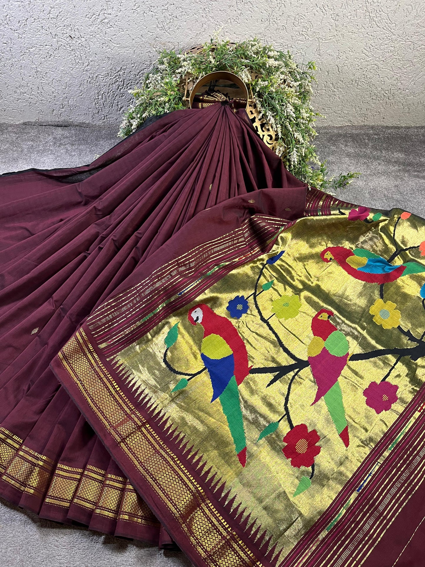 DARK BROWN COTTON PURE HANDLOOM PAITHANI SAREE