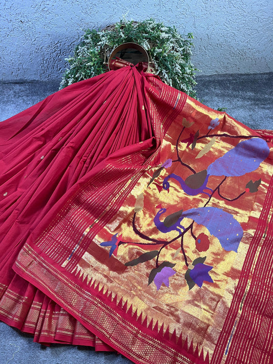 RED COTTON PURE HANDLOOM PAITHANI SAREE
