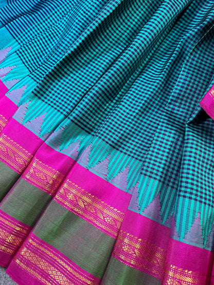 TURQUOISE SILK PURE HANDLOOM GADWAL SAREE