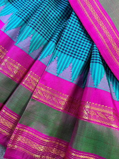 TURQUOISE SILK PURE HANDLOOM GADWAL SAREE