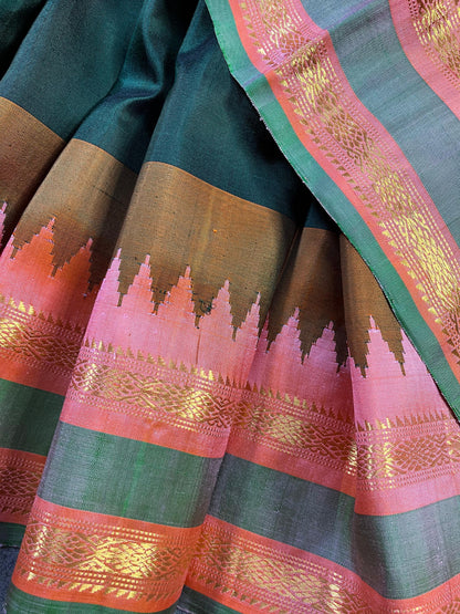 DARK GREEN SILK PURE HANDLOOM GADWAL SAREE