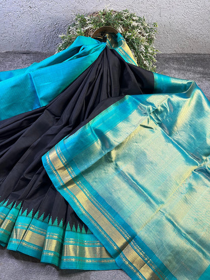 BLACK SILK PURE HANDLOOM GADWAL SAREE