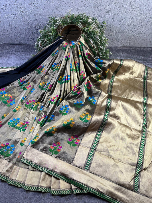 BLACK TISSUE SILK PURE HANDLOOM BANARASI SAREE