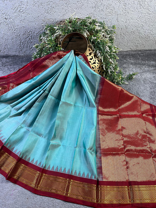 ICE BLUE SILK PURE HANDLOOM GADWAL DUPATTA
