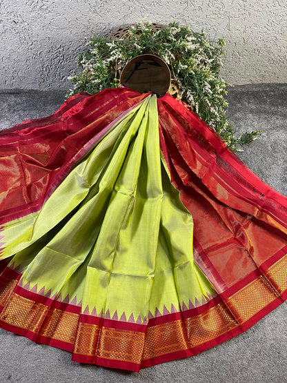 NEON GREEN SILK PURE HANDLOOM GADWAL DUPPATTA