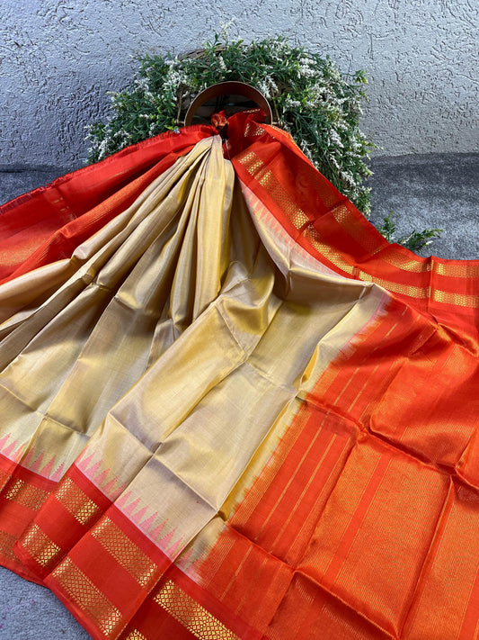 LIGHT CREAM SILK PURE HANDLOOM GADWAL DUPATTA