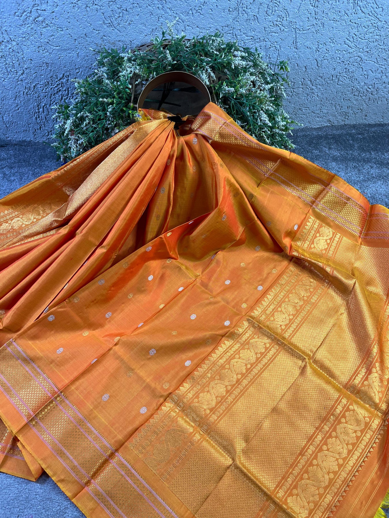 PEACH ORANGE SILK PURE HANDLOOM GADWAL DUPATTA