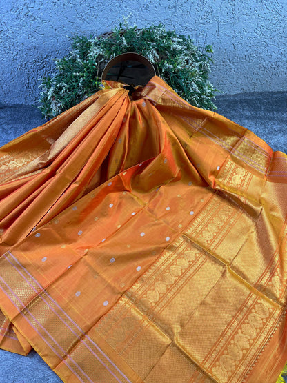 PEACH ORANGE SILK PURE HANDLOOM GADWAL DUPATTA