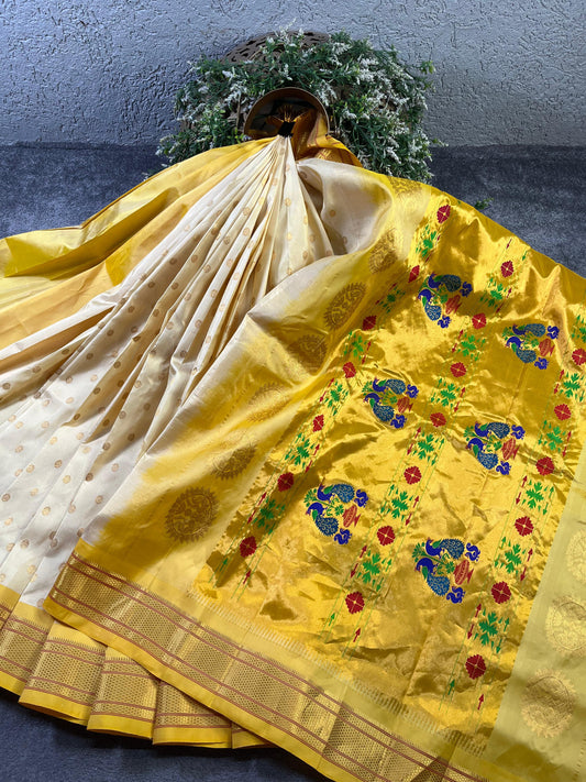CREAM SILK PURE HANDLOON PAITHANI SAREE