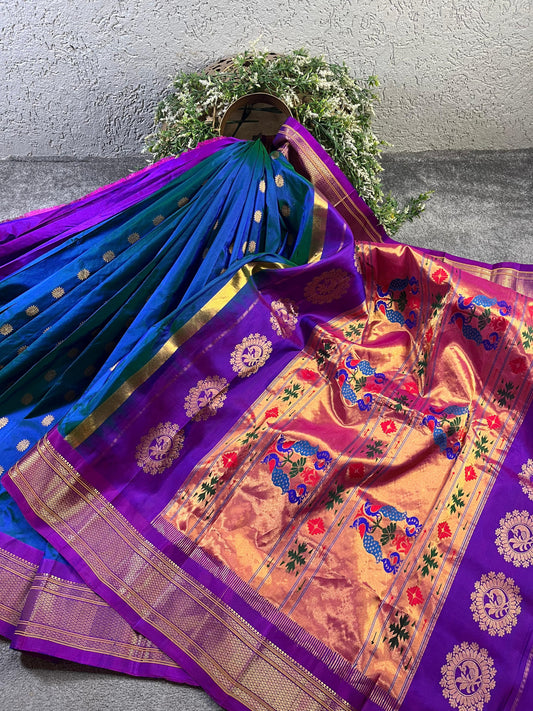 PEACOCK BLUE PURE SILK HANDLOOM PAITHANI SAREE