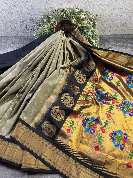 GREY SILK PURE HANDLOOM PAITHANI SAREE