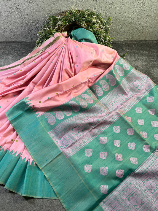 PINK DUPION SILK PURE HANDLOOM GADWAL SAREE