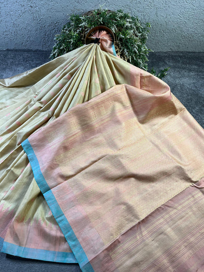 LIGHT BEIGE DUPION SILK PURE HANDLOOM GADWAL SAREE