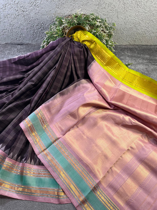 DARK BROWN SILK PURE HANDLOOM GADWAL SAREE
