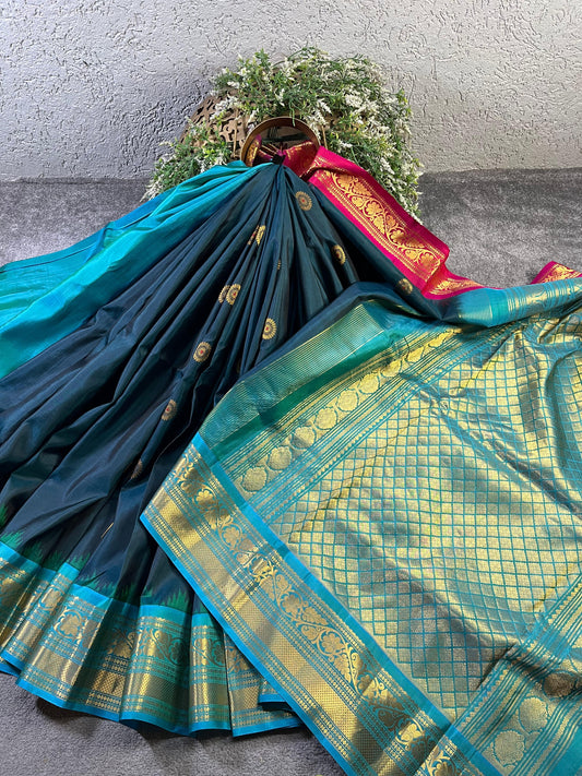 TEAL GREEN SILK PURE HANDLOOM GADWAL SAREE