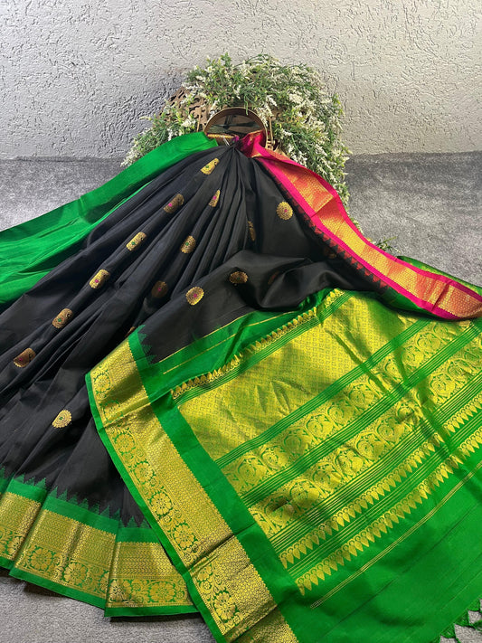 BLACK SILK PURE HANDLOOM GADWAL SAREE