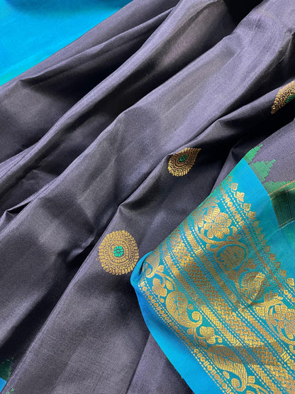 TEAL GREEN SILK PURE HANDLOOM GADWAL SAREE