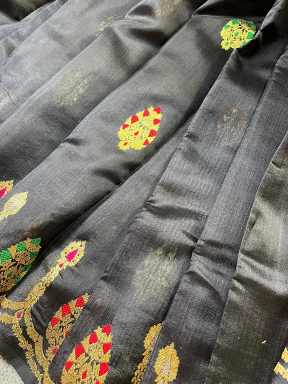 BLACK SILK PURE HANDLOOM CHANDERI SAREE