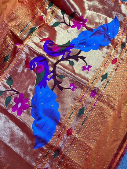 BURNT ORANGE SILK PUE HANDLOOM PAITHANI SAREE