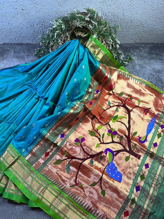 TURQUOISE SILK PURE HANDLOOM PAITHANI SAREE