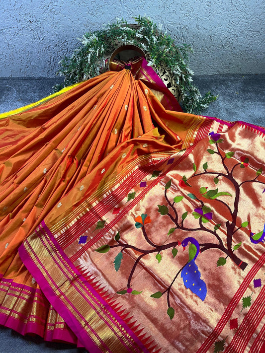 ORANGE SILK PURE HANDLOOM PAITHANI SAREE