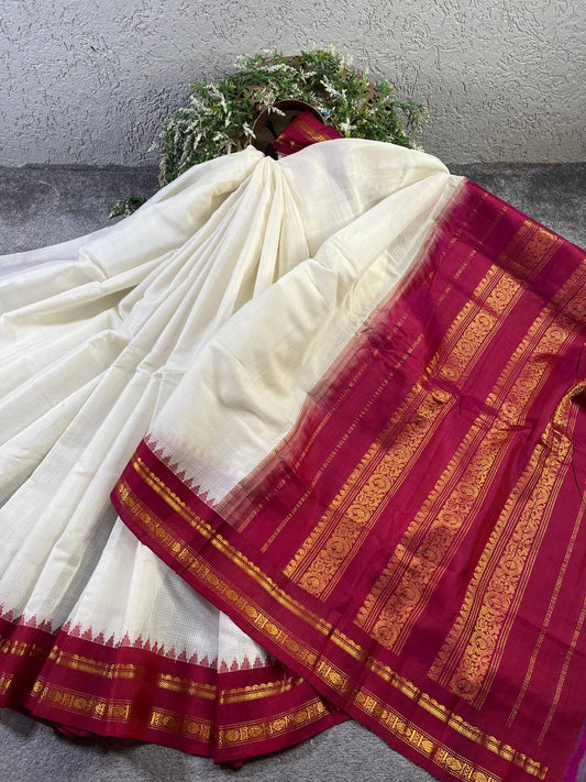 WHITE COTTON PURE HANDLOOM GADWAL SAREE