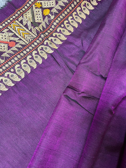 DARK PURPLE SILK PURE HANDLOOM ASSAMESE SAREE